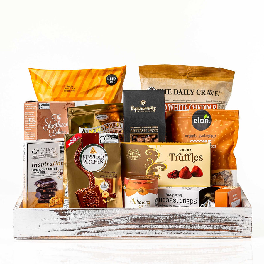 Kosher Kollection white crate with chips, truffles, Ferrero Rocher, crisps and chocolates