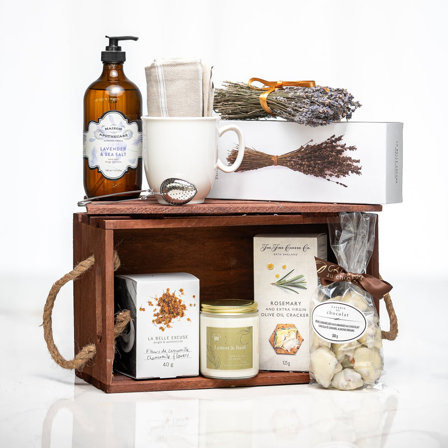 Lady Lavender gift crate with lavender hand wash, a mug, a candle, soaps and dried lavender