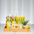 Lemon Zest Refresh gift tray with lemon scented hand wash, spray, soap and a bath sponge
