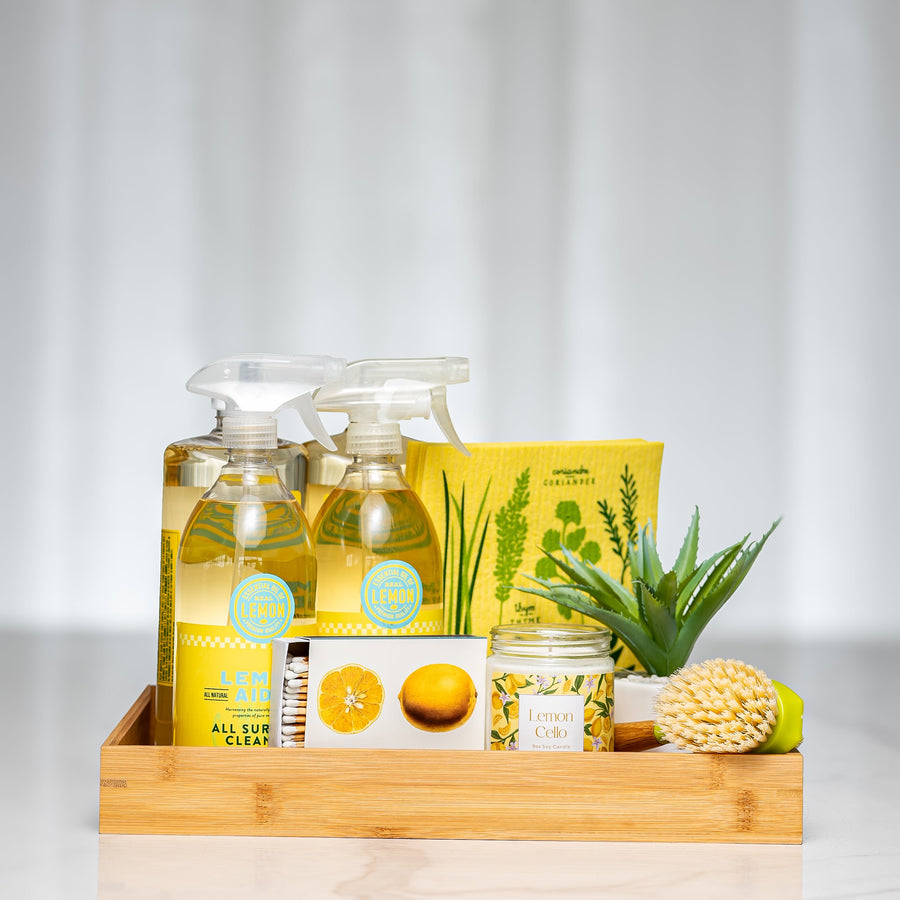 Lemon Zest Refresh gift tray with lemon scented hand wash, spray, soap and a bath sponge