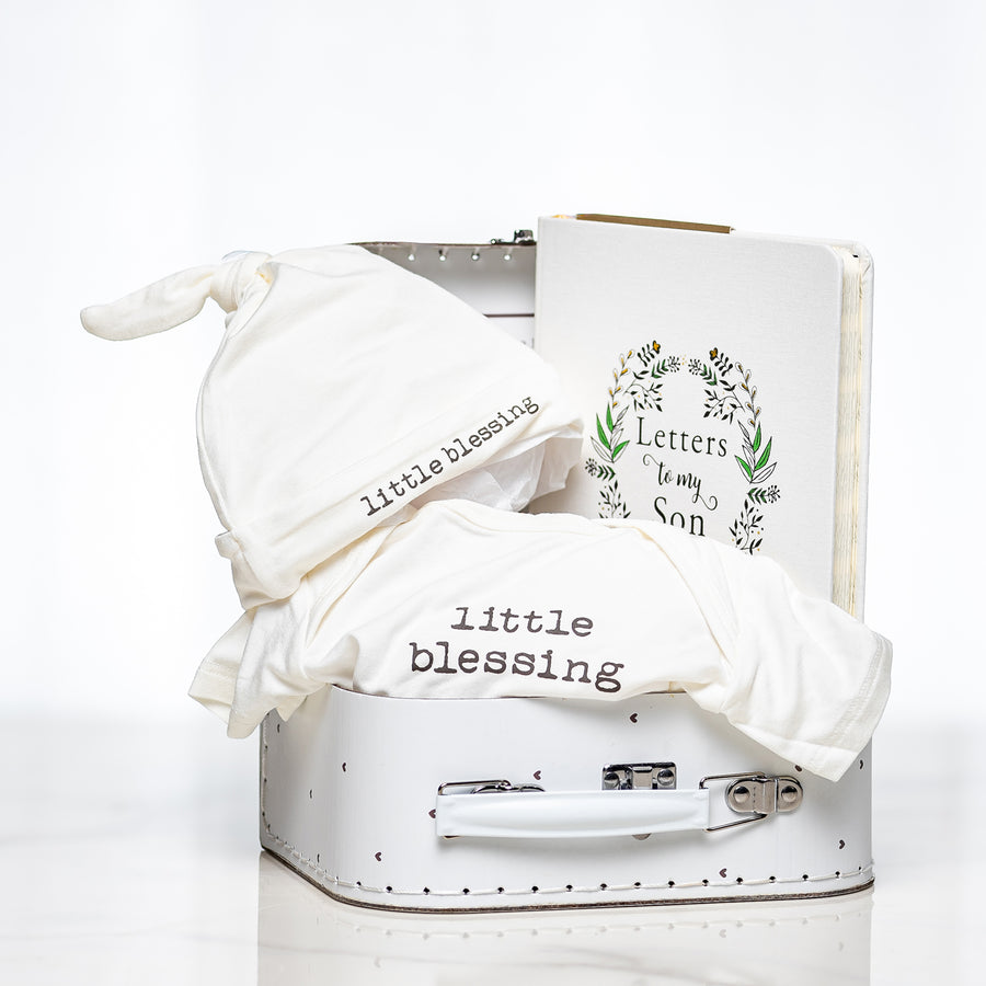 Little Blessing baby boy gift with a white hooded towel and a Letters to My Son journal