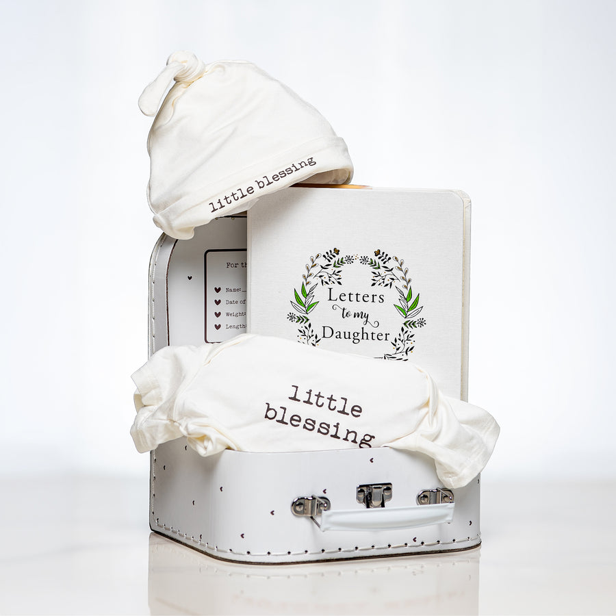 Little Blessing baby girl gift with a white hooded towel and a Letters to My Daughter journal