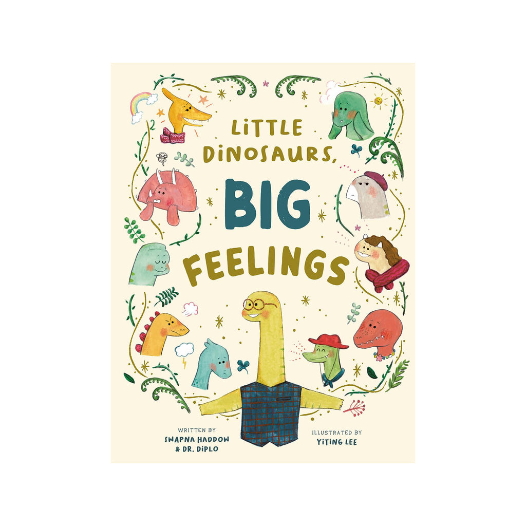Little Dinosaurs Big Feelings children's book with illustrated dinosaurs on a cream cover