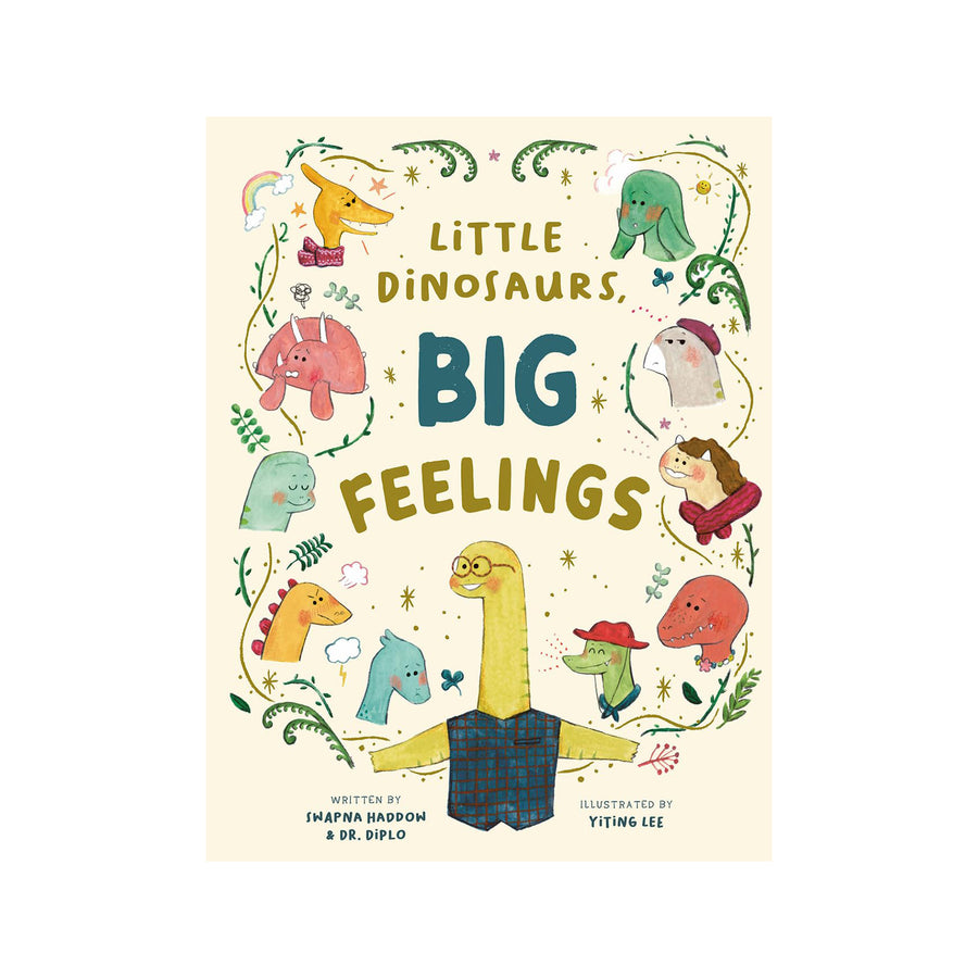Little Dinosaurs Big Feelings children's book with illustrated dinosaurs on a cream cover