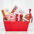 Berry Bliss red gift tub with cookies, chocolates, a mug and Valentine treats