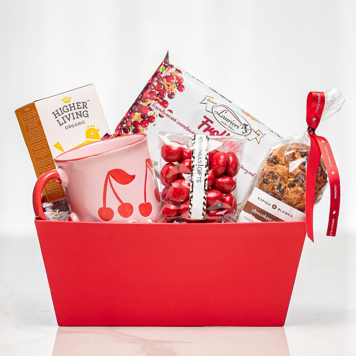 Berry Bliss red gift tub with cookies, chocolates, a mug and Valentine treats