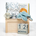 Milestone Moments baby boy gift with a blue plush bunny, a blanket, milestone blocks and a book