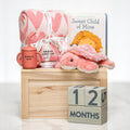 Milestone Moments baby girl gift with a pink plush bunny, a blanket, milestone blocks and a book