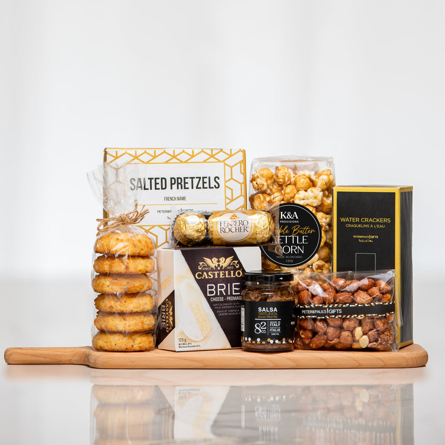 Mini Feast gift board with salted pretzels, brie, kettle corn, Ferrero Rocher and crackers