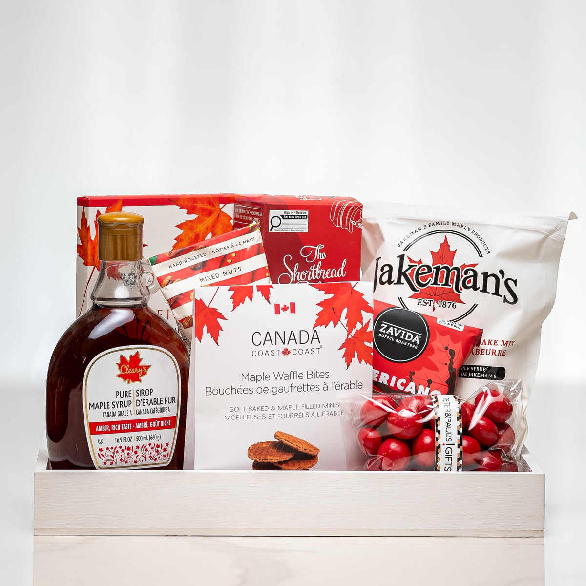 Mornings Made Sweet white crate with maple syrup, maple cookies, waffle bites and preserves