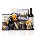 Nero gift: a black serving board with a bottle of Poggio Pasano Primitivo, Nero balsamic vinegar, Castello brie, Terrapin Ridge crackers, cocktail nuts, tapenade and black cheese knives