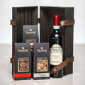 Nuts About Wine dark wooden gift crate with a bottle of red wine and boxes of artisan nuts