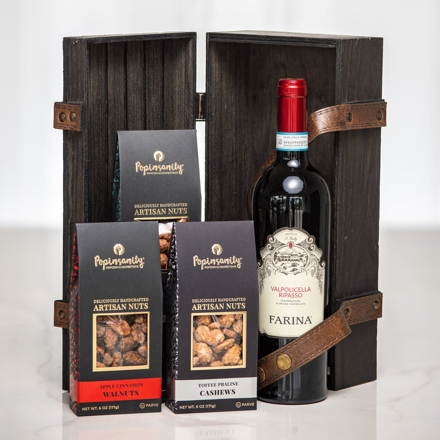 Nuts About Wine dark wooden gift crate with a bottle of red wine and boxes of artisan nuts