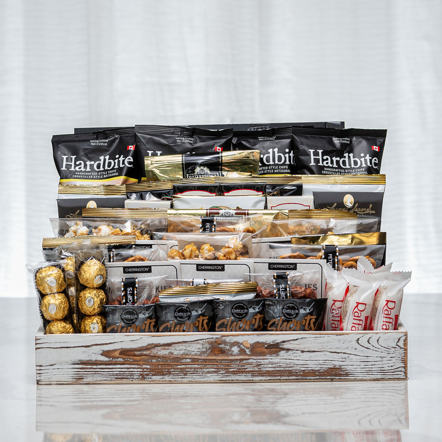 One For All medium gourmet gift basket, a tiered crate of Hardbite chips, chocolates and snacks