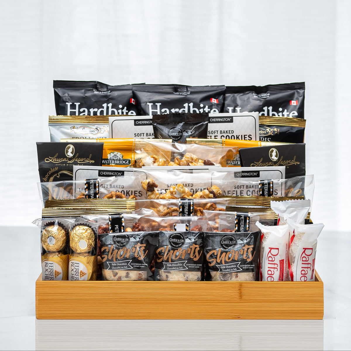 One for All small gourmet gift basket with Hardbite chips, Ferrero Rocher and assorted snacks