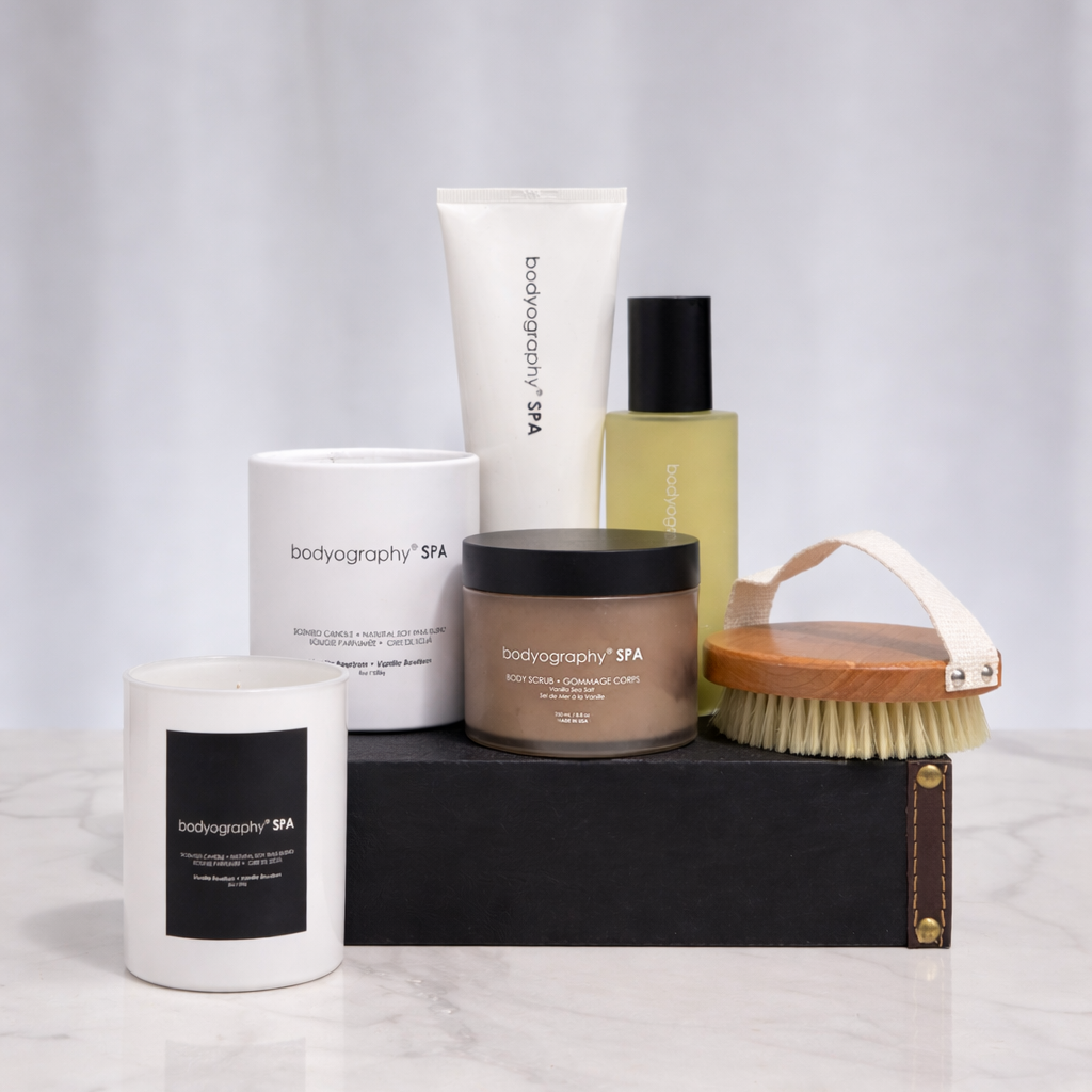Polished Pampering gift with candles, hand cream, a body brush and perfume in a black box