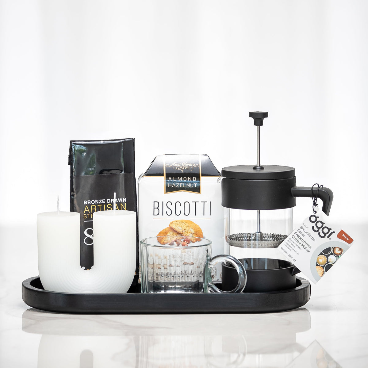 Press and Pour gift tray with a cafetiere, coffee, biscotti and a mug