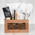 Rise and Shine gift crate with coffee, truffles, a Rise and Shine sign and white slippers