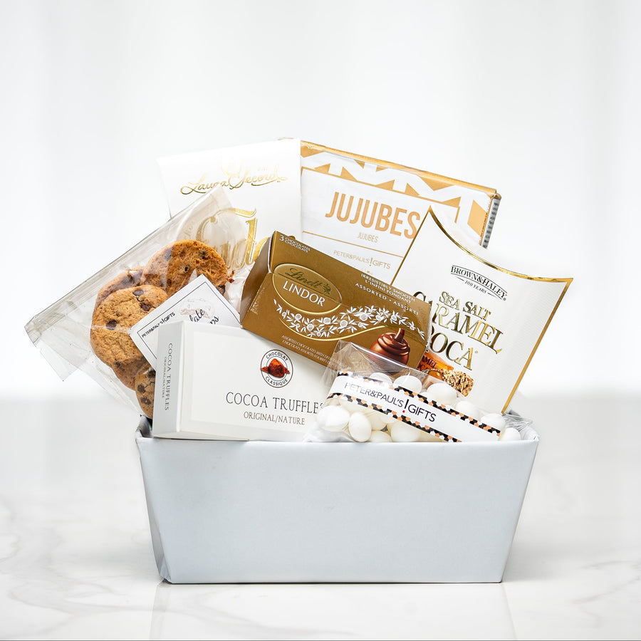 Sensational Snacks small white tub with cookies, jujubes, cocoa truffles and wrapped treats