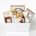 Sensational Snacks Large: a white market tray with Artisan Gourmet frolletti cookies, jujubes, fudge, butter pretzels, kettle corn, fine French truffles and oven baked brittle