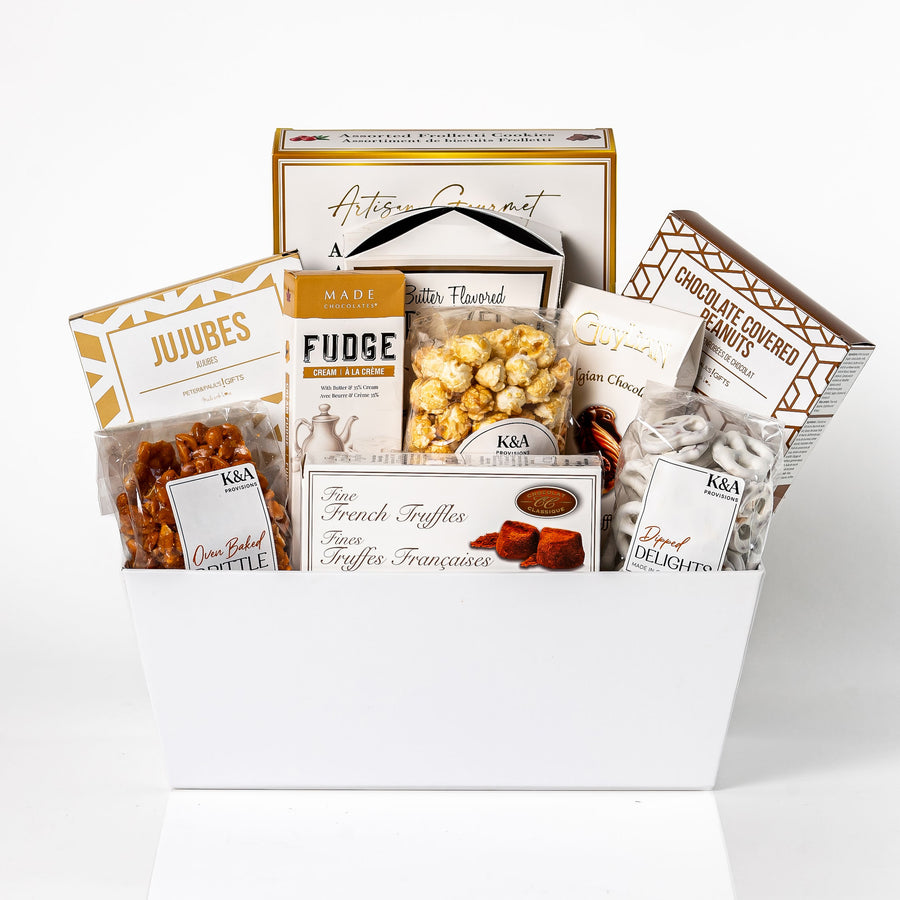 Sensational Snacks Large: a white market tray with Artisan Gourmet frolletti cookies, jujubes, fudge, butter pretzels, kettle corn, fine French truffles and oven baked brittle