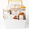 Sensational Snacks Medium: a white gift tray with Artisan Gourmet frolletti cookies, jujubes, fudge, chocolate covered peanuts, fine French truffles, caramel popcorn and brittle