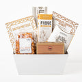 Sensational Snacks Small: a white gift tray with fudge, salted pretzels, chocolate covered peanuts, sea salt caramel roca, cocoa truffles and oven baked brittle