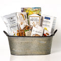 Shareables: a galvanised oval tub with Inessence truffle crisps, butter flavoured pretzels, Martelli pistachio amaretti, pistachios, Mr Filbert's mixed nuts and fine French truffles
