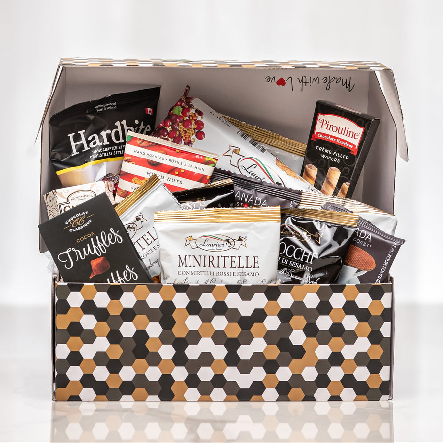 Snack Attack large patterned gift box with Hardbite chips, truffles, chocolate and snacks