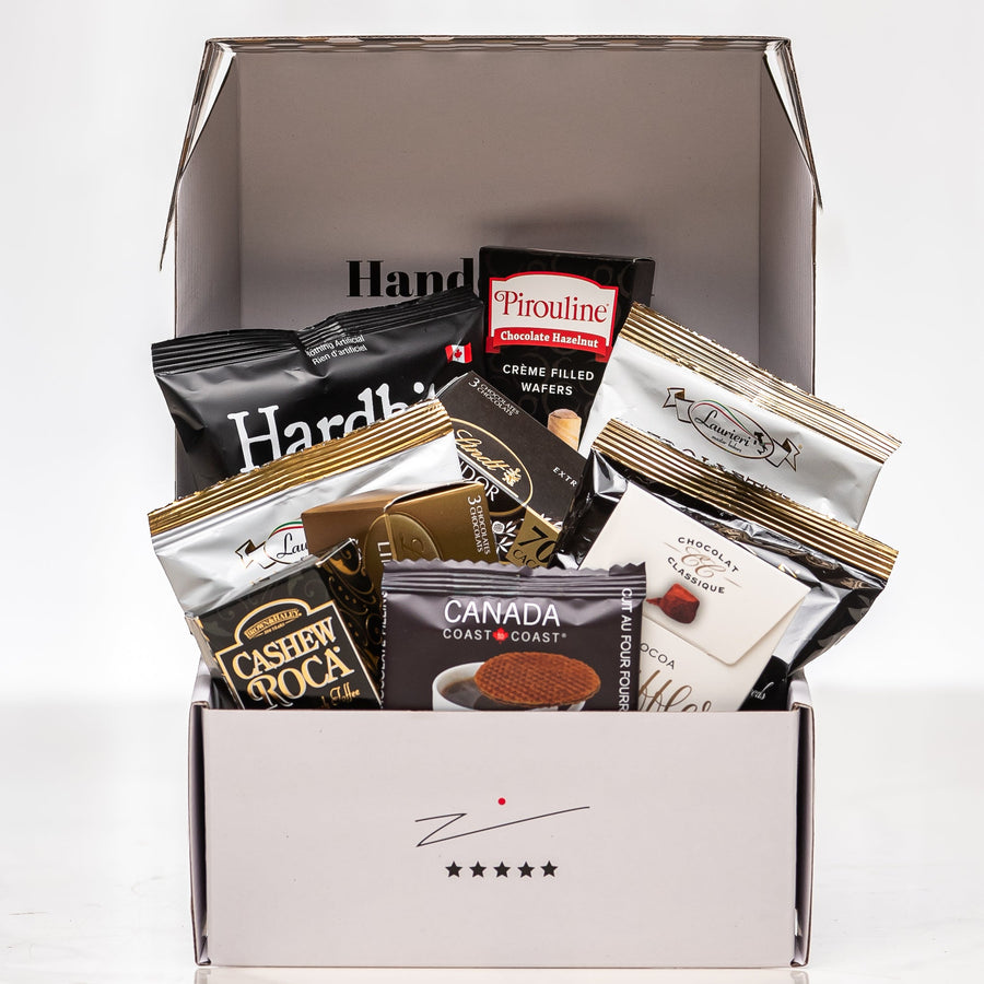 Snack Attack small white gift box with Hardbite chips, truffles, toffee and hot chocolate