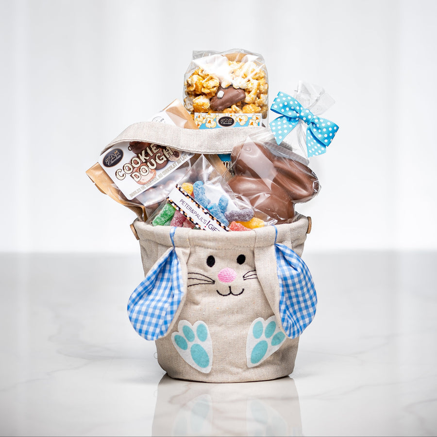 Some Bunny Loves You boy's gift in a bunny ear sack with popcorn, chocolates and treats