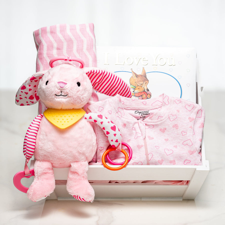 Storytime Sentiments baby girl gift crate with a pink plush bunny, a sleepsuit and books