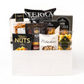 Sweet & Savoury: a white washed wood crate with Terra vegetable chips, mixed nuts, pistachios, mini pepperoni, caramel popcorn, mini pretzels and biscotti