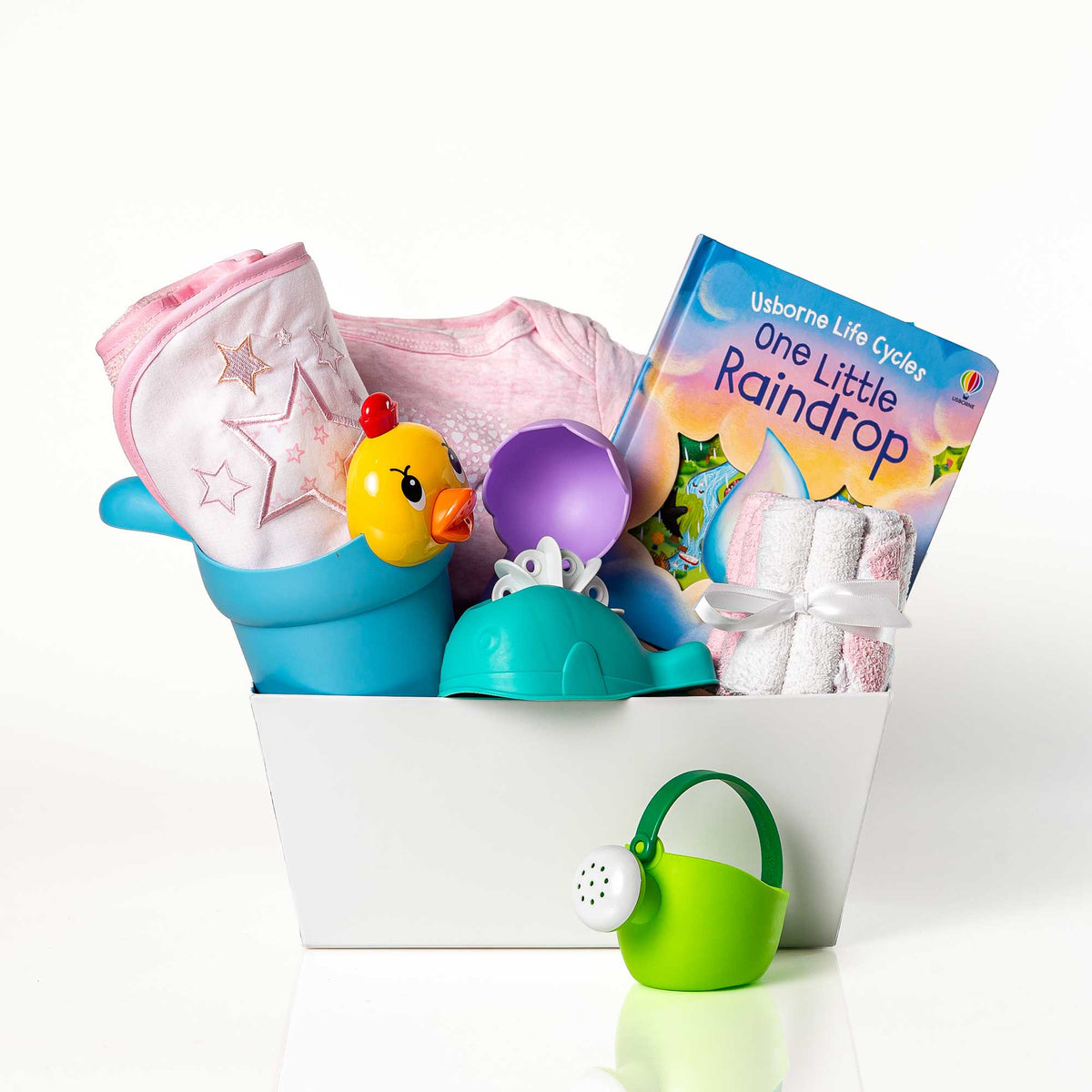 Tub Time baby girl gift with a hooded towel, rubber ducks, a watering toy and a board book