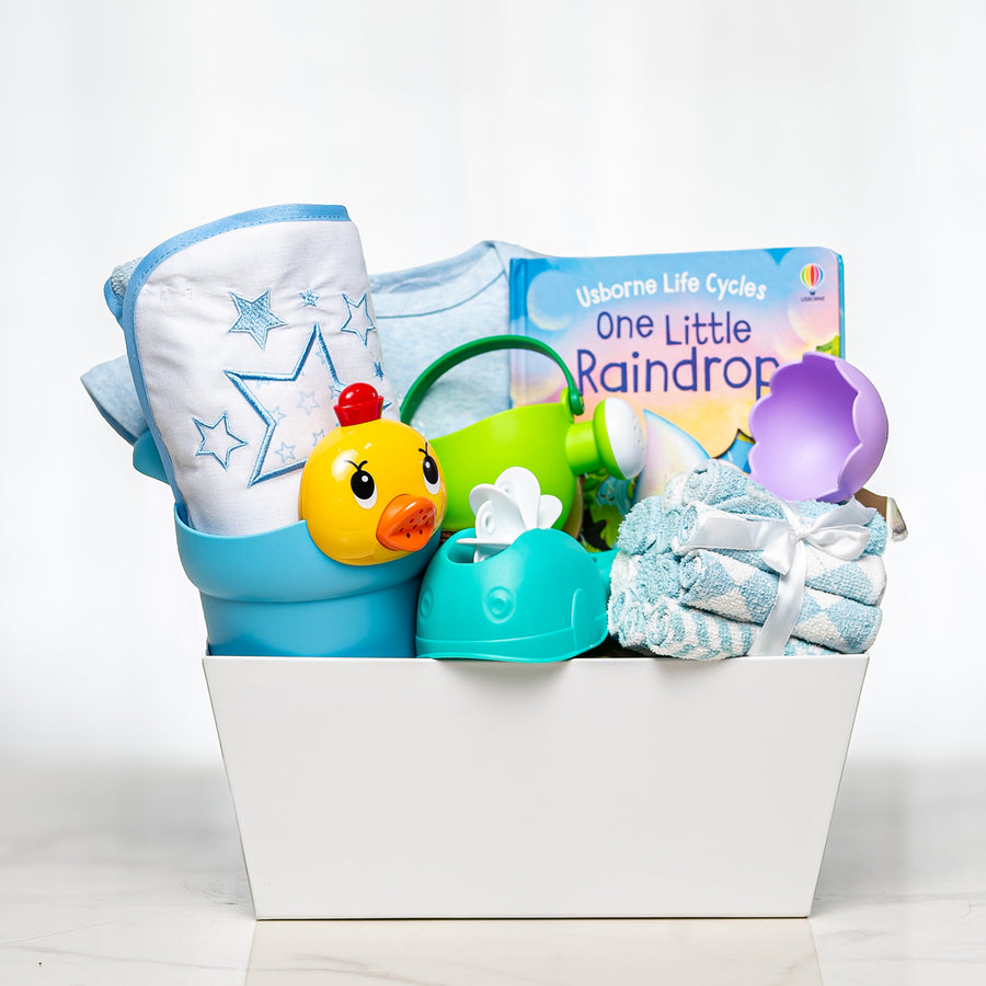 Tub Time baby boy gift with a hooded towel, rubber ducks, a watering toy and a board book