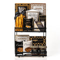Twice as Nice: a black metal two tier stand with butter flavoured pretzels, Castello brie, cookie crisps, sea salt caramel roca, jujubes, peanuts, cashews and Co. 82 jars