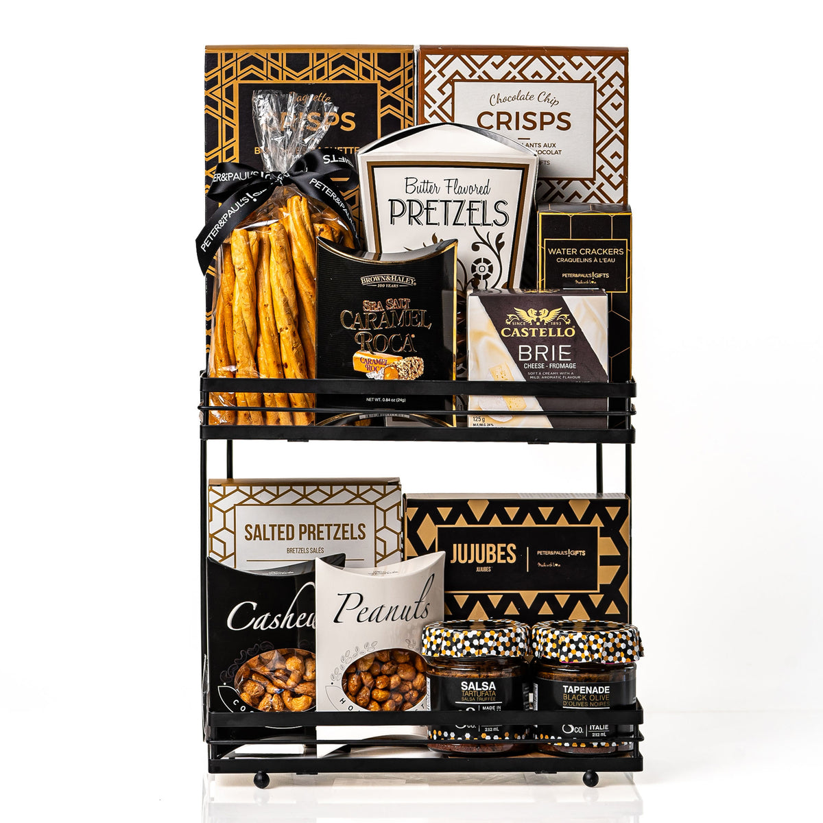 Twice as Nice: a black metal two tier stand with butter flavoured pretzels, Castello brie, cookie crisps, sea salt caramel roca, jujubes, peanuts, cashews and Co. 82 jars