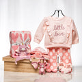 Unicorn Love baby girl gift with a pink Little Love outfit, a heart blanket and plush toys