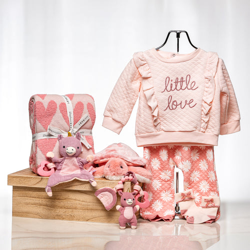 Unicorn Love baby girl gift with a pink Little Love outfit, a heart blanket and plush toys