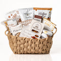 Woven Wonders Large: a burlap woven basket with handles overflowing with Utoffeea popcorn, Inessence truffle crisps, fudge, jujubes, mini pretzels, pistachios, French truffles and chocolate covered peanuts