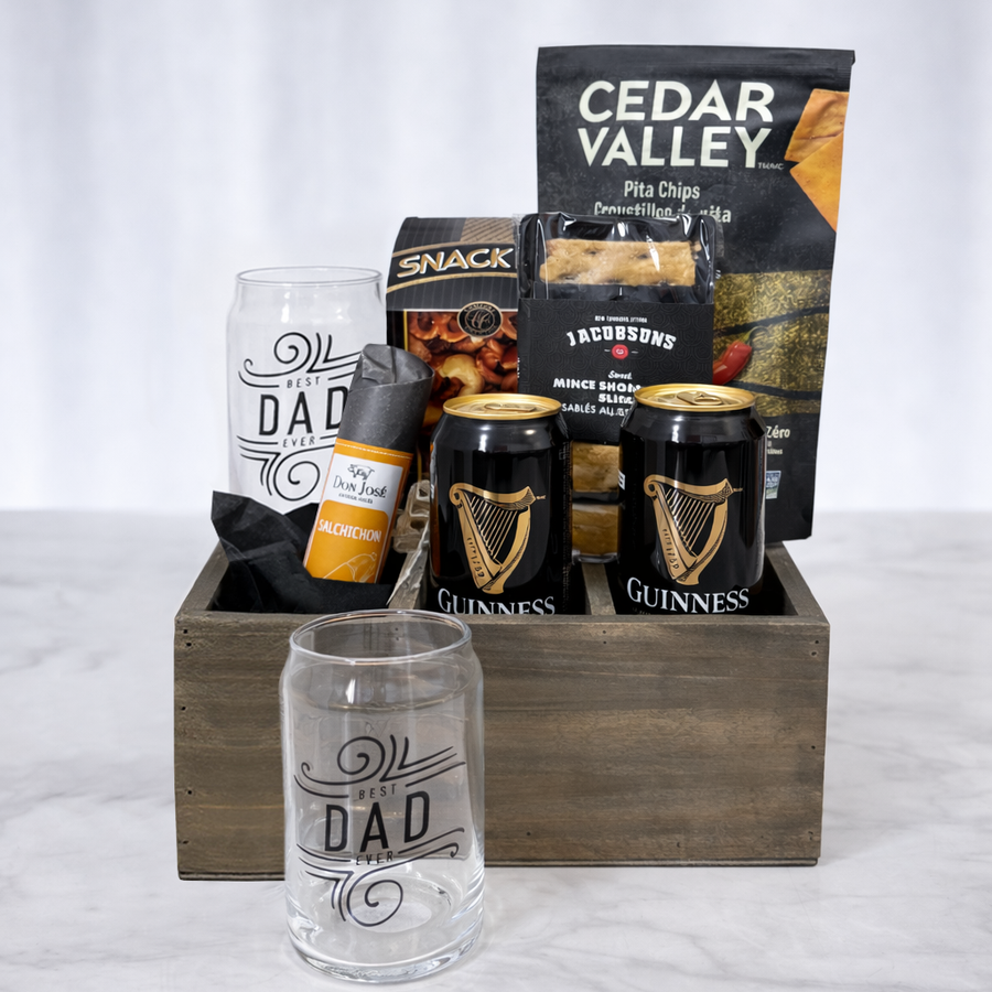 Brews & Bites Father's Day gift crate with two Guinness Draught Stout cans, Best Dad Ever beer glasses, Spanish salami, pita chips and shortbread in a wooden crate