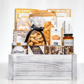 Comfort Collection large white crate with sticks, pretzels, brie, chocolate covered peanuts and preserves