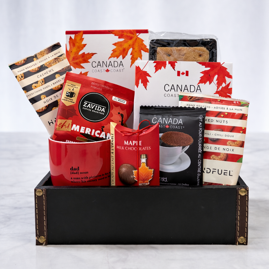 Dad Defined Father's Day gift tray with Definition of Dad mug, Zavida coffee, maple fudge, chocolates and Canadian treats in a black leatherette tray