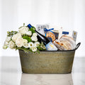 Elegance large gift in a galvanised tub with white roses, sparkling wine and gourmet treats