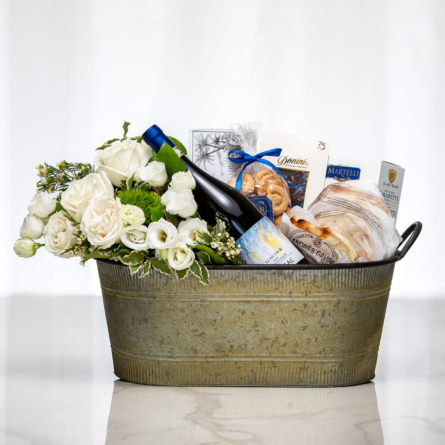 Elegance large gift in a galvanised tub with white roses, sparkling wine and gourmet treats