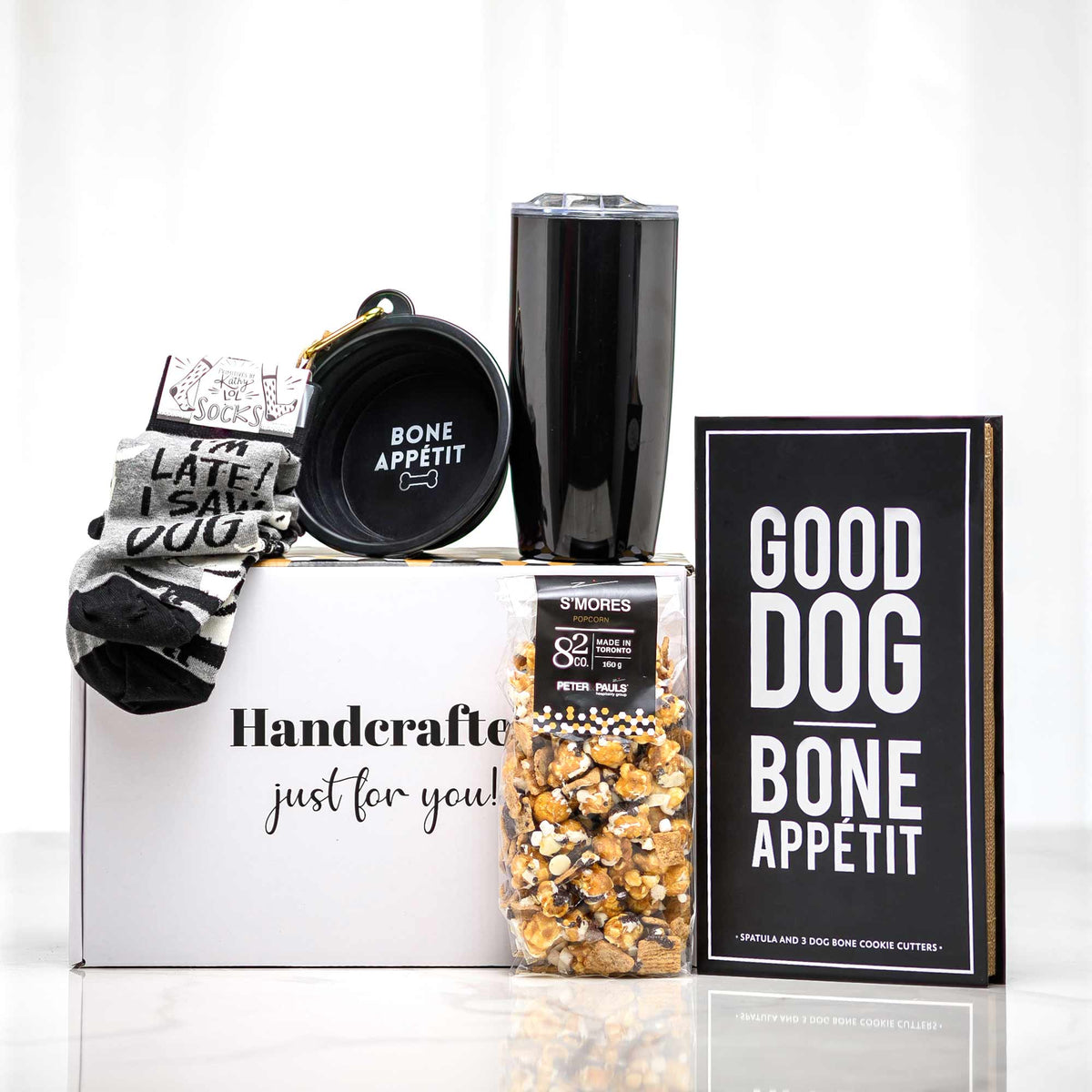 Bone Appetit dog gift set with a Good Dog sign, treats and a handcrafted gift box