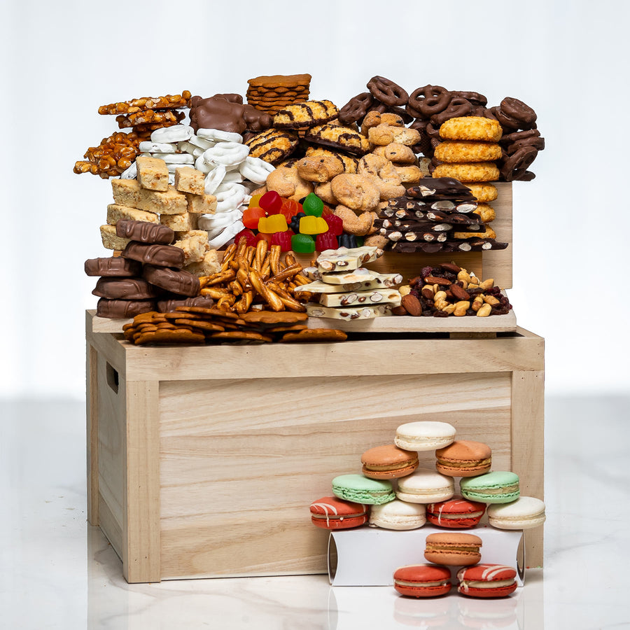Gourmet Group Share wooden crate piled with cookies, pretzels, chocolates and macarons