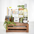 Olives and Orchards gift crate with chilled dip, crackers, preserves and a bottle of white wine