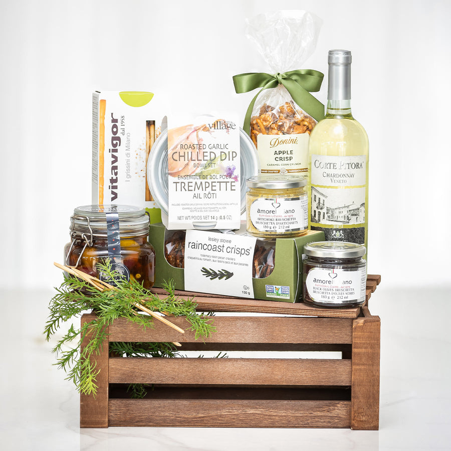 Olives and Orchards gift crate with chilled dip, crackers, preserves and a bottle of white wine