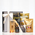 Savoury Spread black gift box with grissini, almond nougat, brie, preserves and chocolates